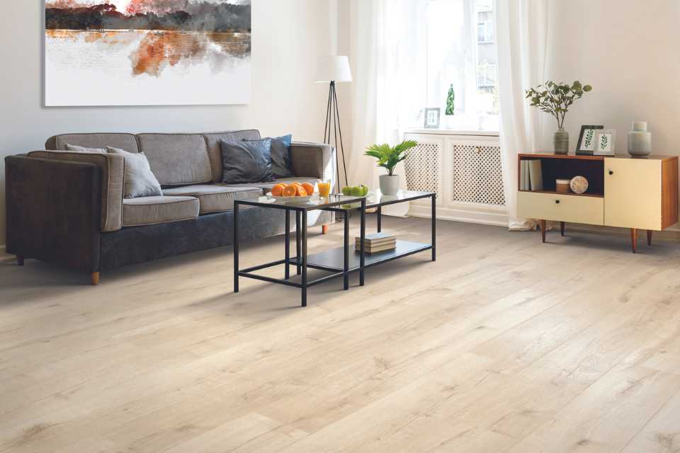 white oak wood look laminate in living room with mid century modern media console